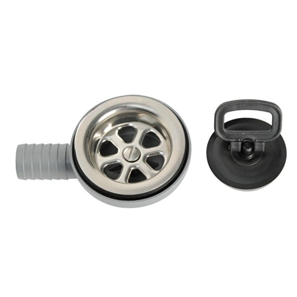 Bonde d'évier latéral 90° en inox avec bouchon à poignée.   