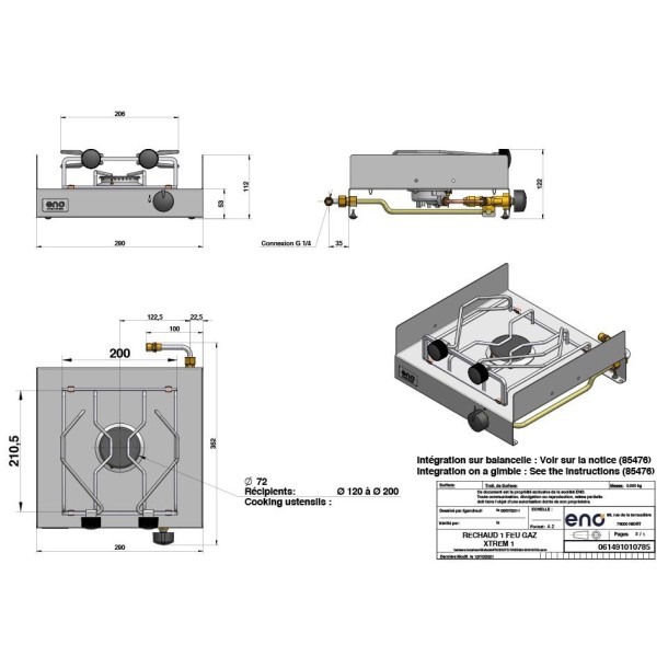 Réchaud gaz 1 feu à poser avec serre-casseroles.